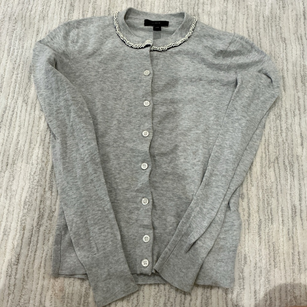 J. Crew Light Gray Cardigan with Beaded Collar